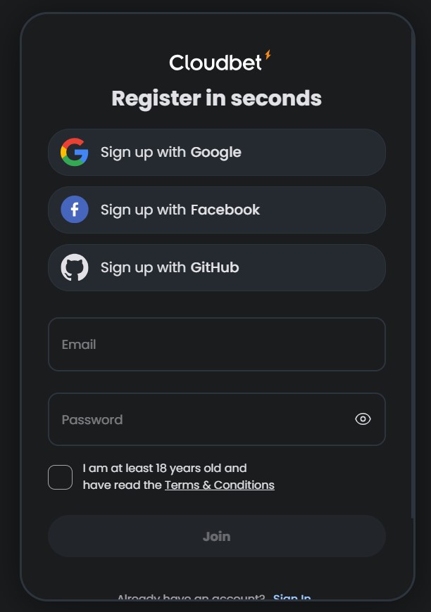 cloudbet sign up form