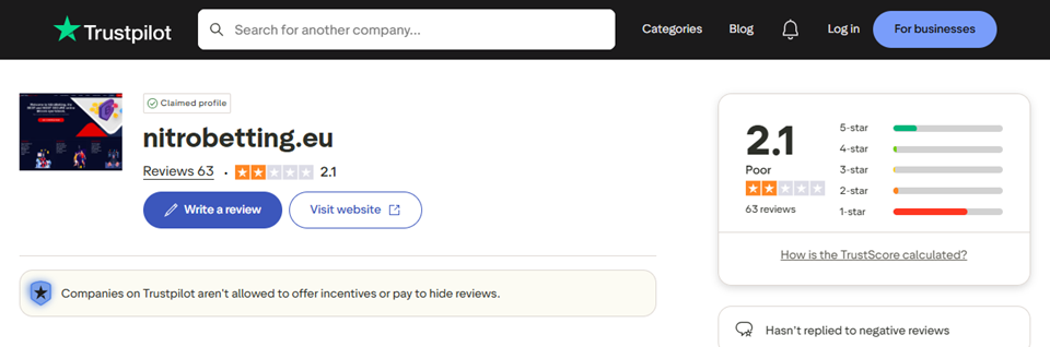 Nitrobetting - Trustpilot rating