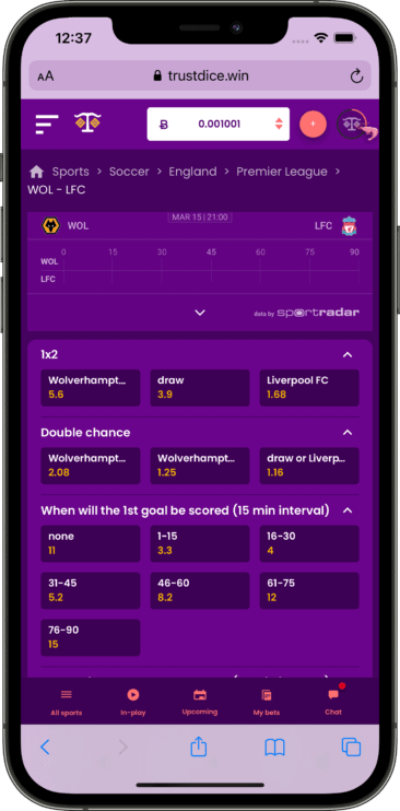 pre match betting TrustDice mobile