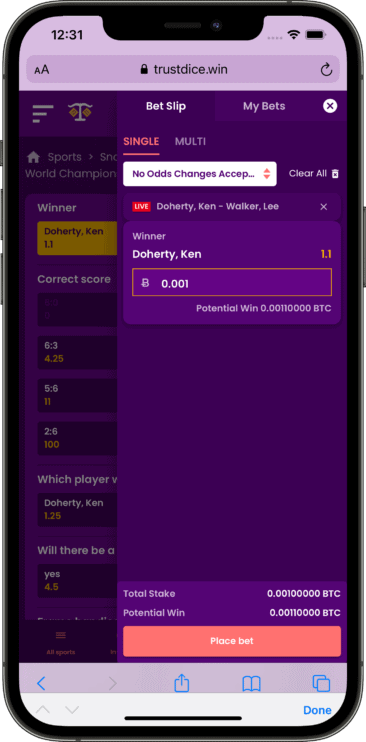 Bet in play TrustDice mobile