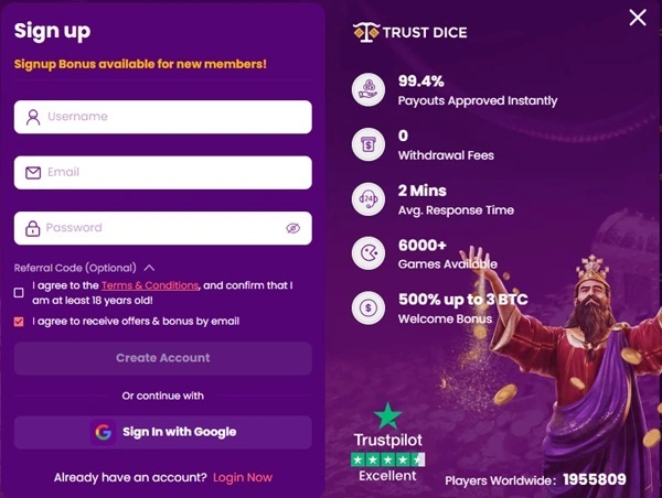 TrustDice Sign Up Process