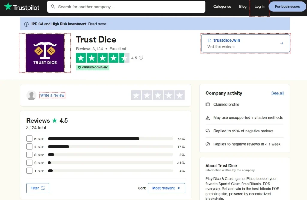 trustpilot reviews rating for trustdice