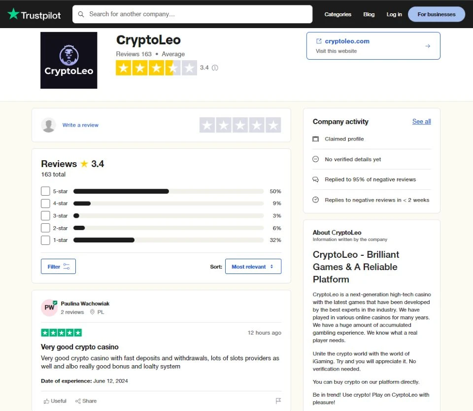 cryptoleo rated by trustpilot