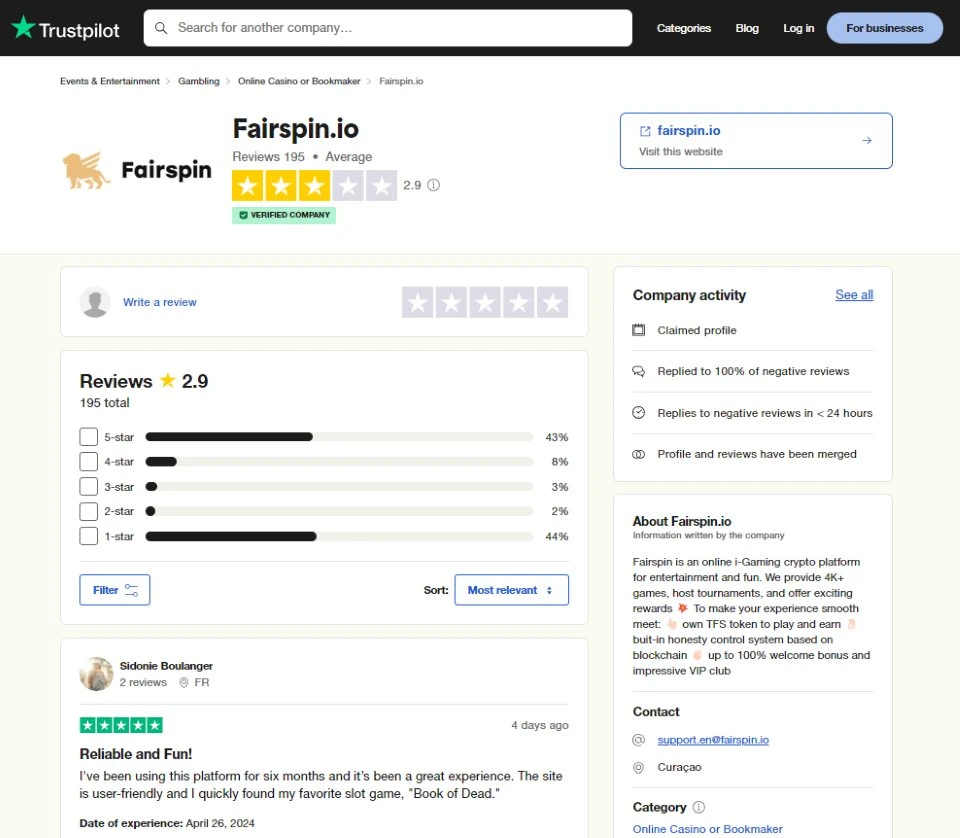 fairspin rating on trustpilot