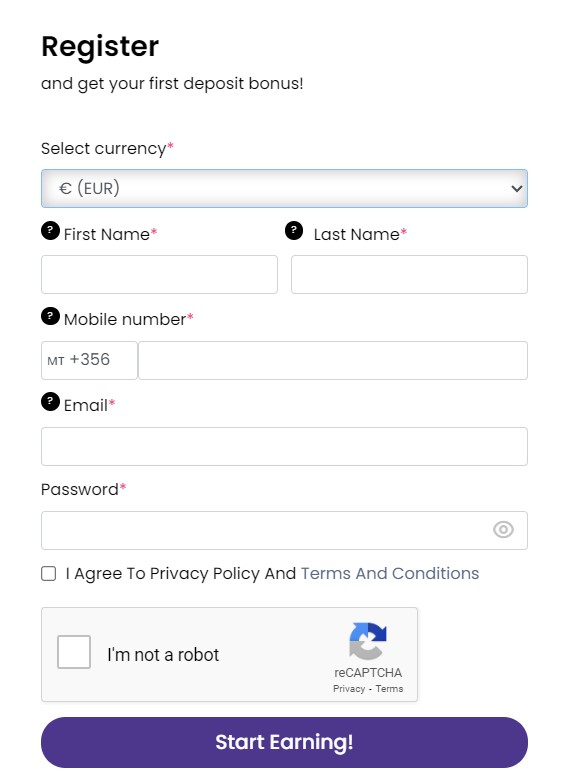 sign up form on magicwin betting site
