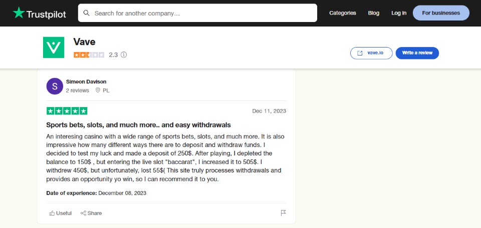 users ratings of vave on trustpilot