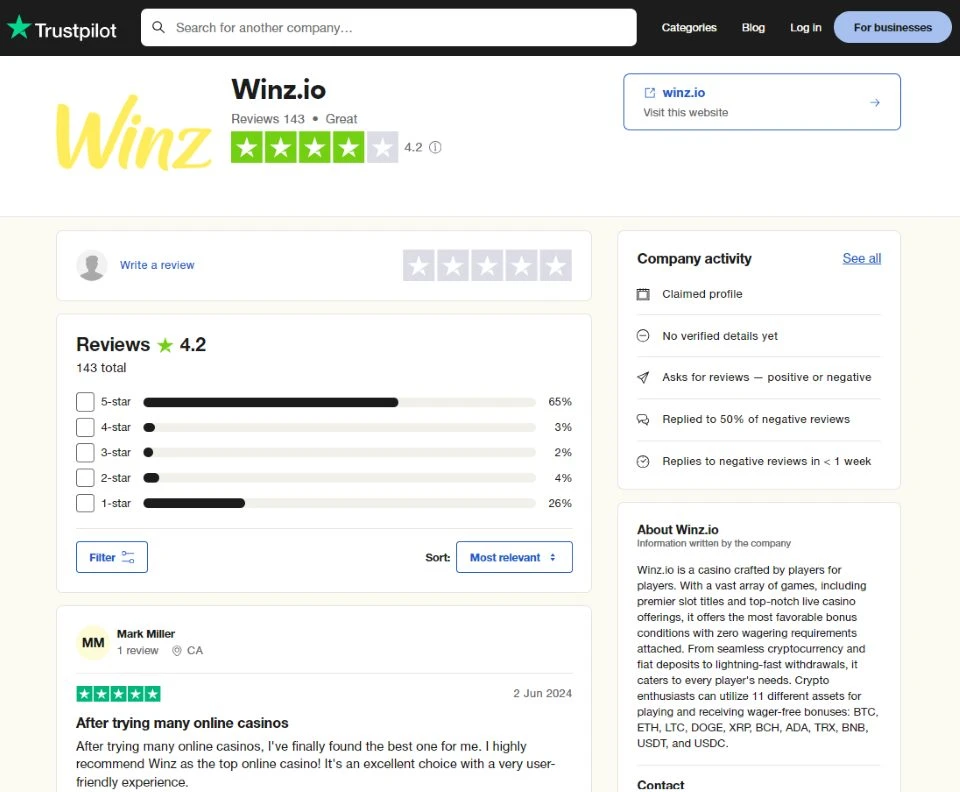 winz.io rating on trustpilot