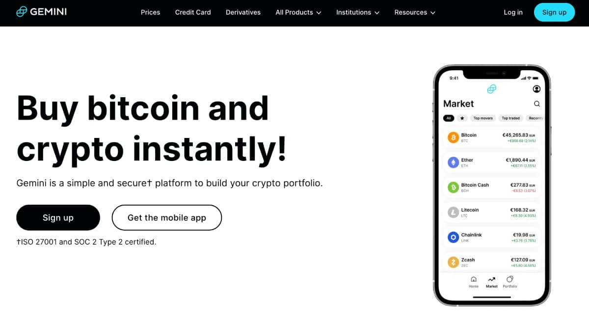gemini crypto exchange homepage