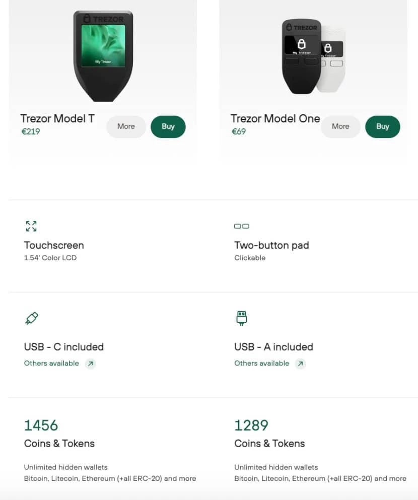 trezor model one and model t compared