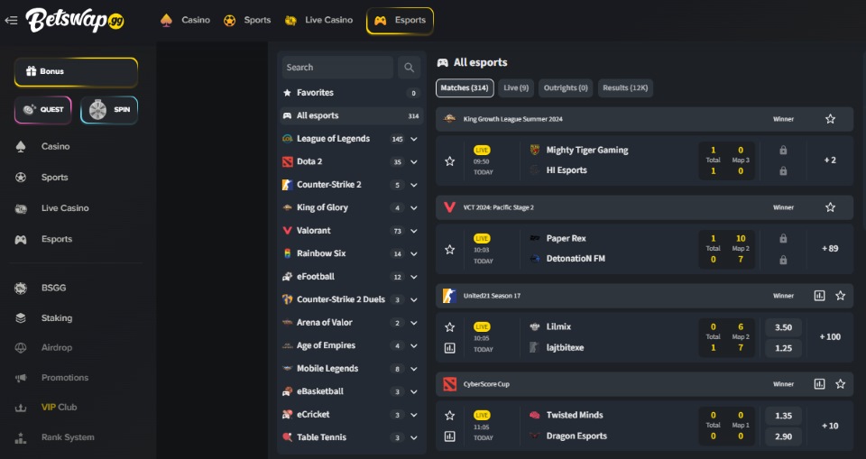 betswap eSports section