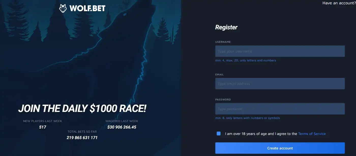 wolf.bet registration form