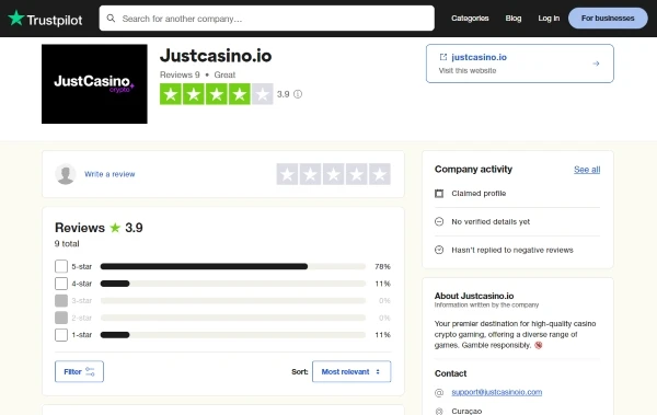 JustCasino rating on TTrustpilot