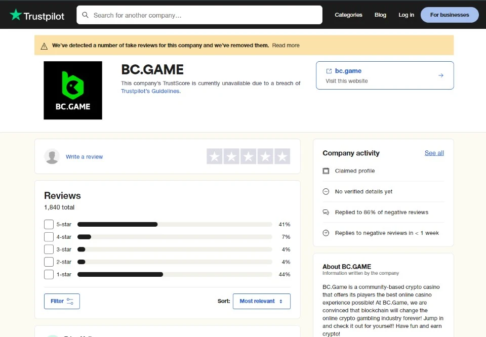 bc.game rating on trustpilot