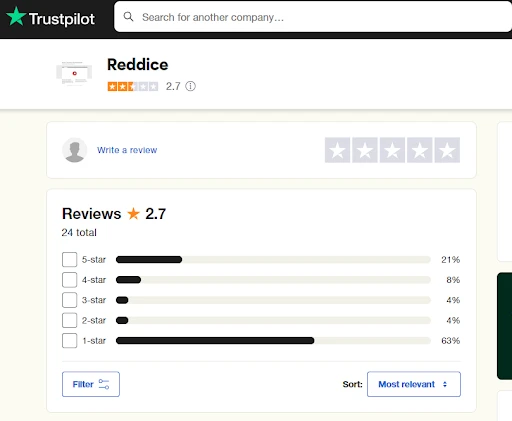 RedDice ratings on trustpilot