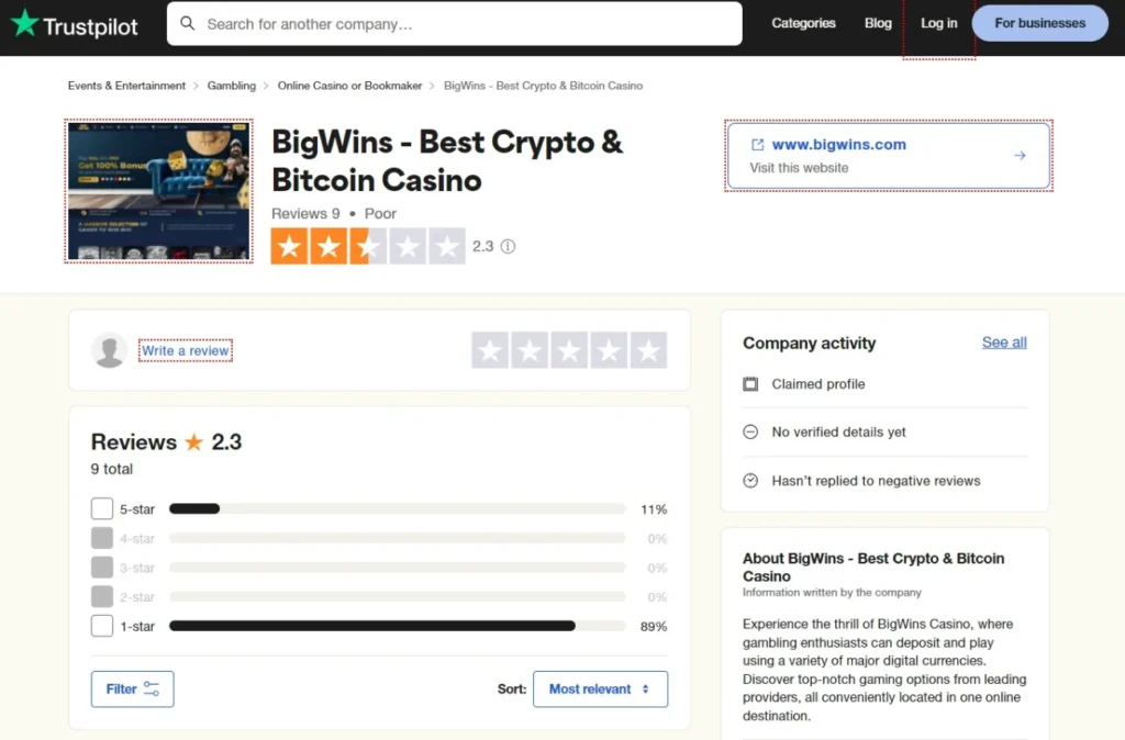 bigwins casino trustpilot rating