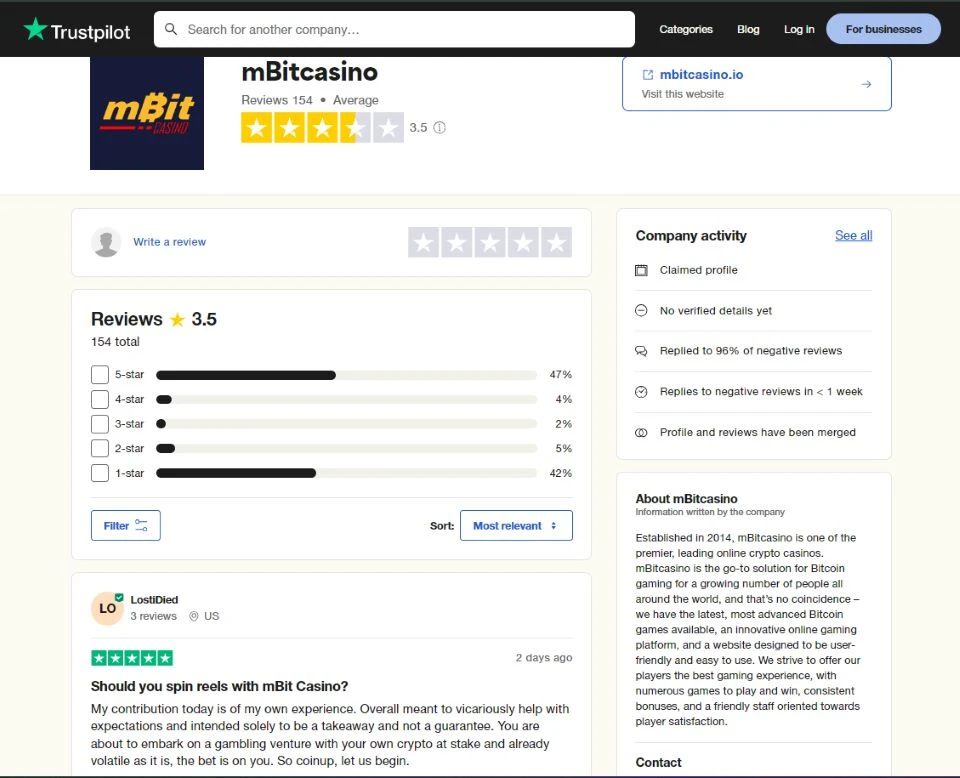 mBit Casino rating on trustpilot