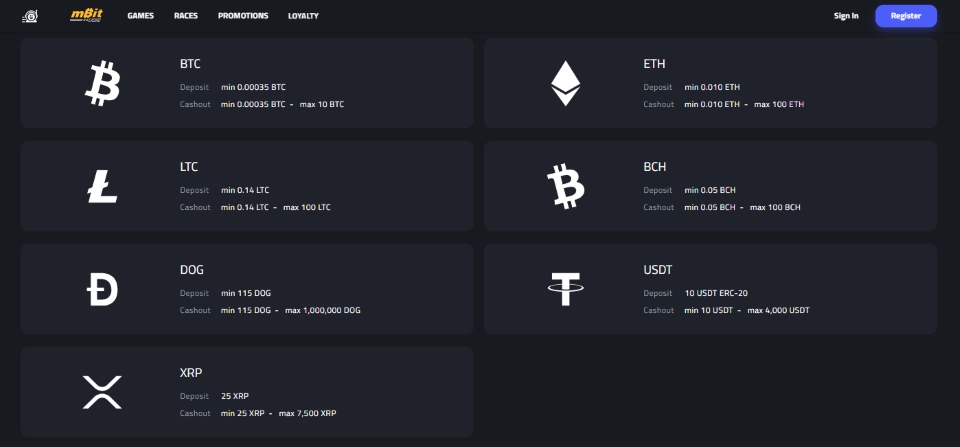 mBit casino payment methods