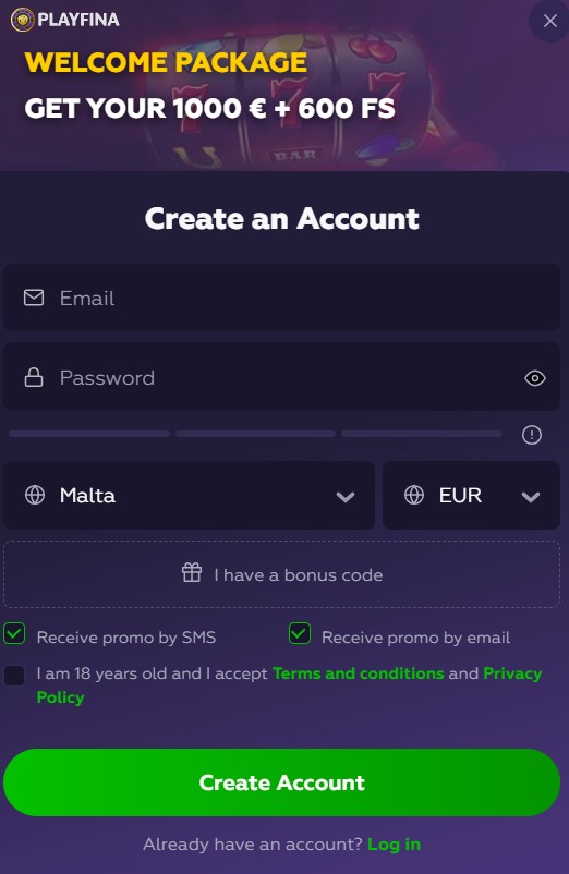 playfina registration form