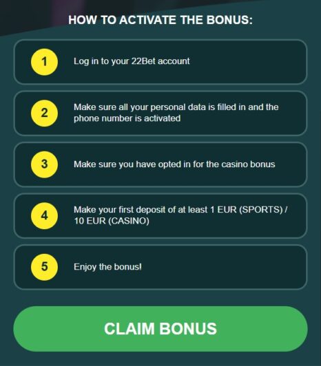 22 bet bonus activation
