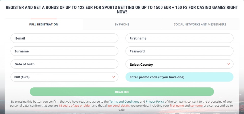 22bet registration process