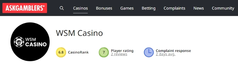 AskGamblers rating WSM Casino