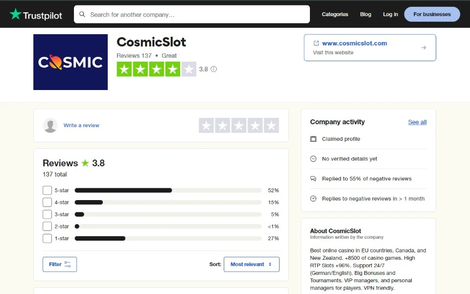 CosmicSlot Casino rating on Trustpilot