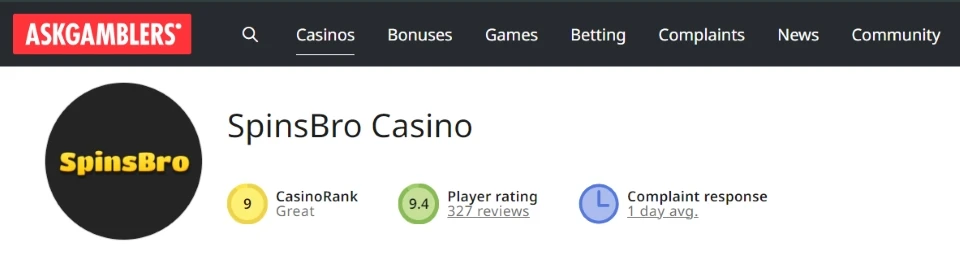 SpinsBro Casino Rating on AskGamblers platform
