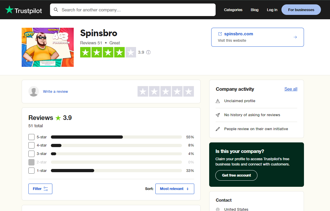 SpinsBro Casino Rating on Trustpilot