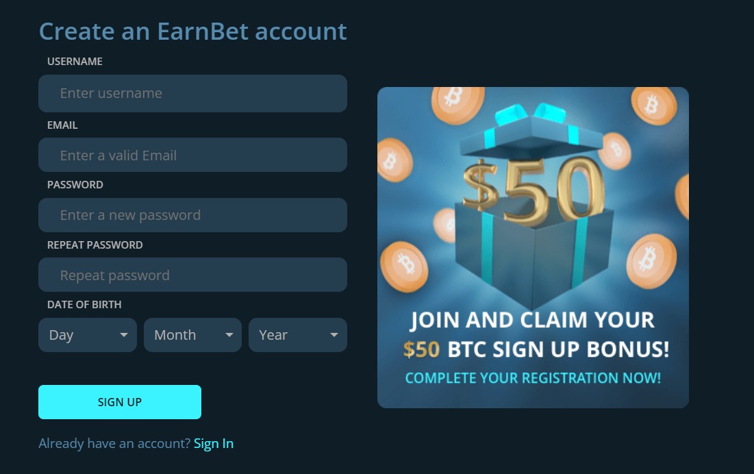 earnbet casino sign up form