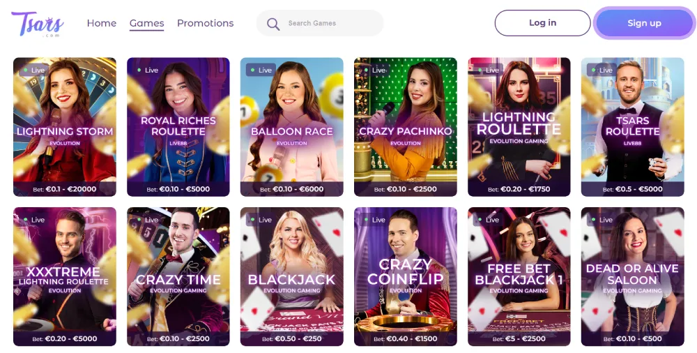 tsars live casino selection