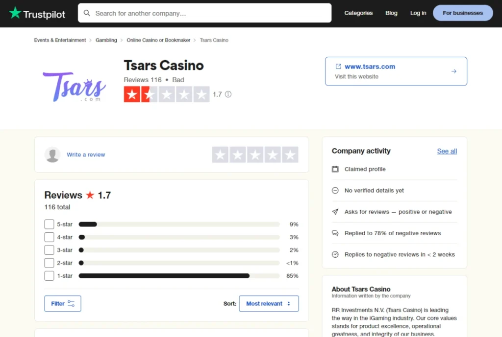 tsars rating on trustpilot