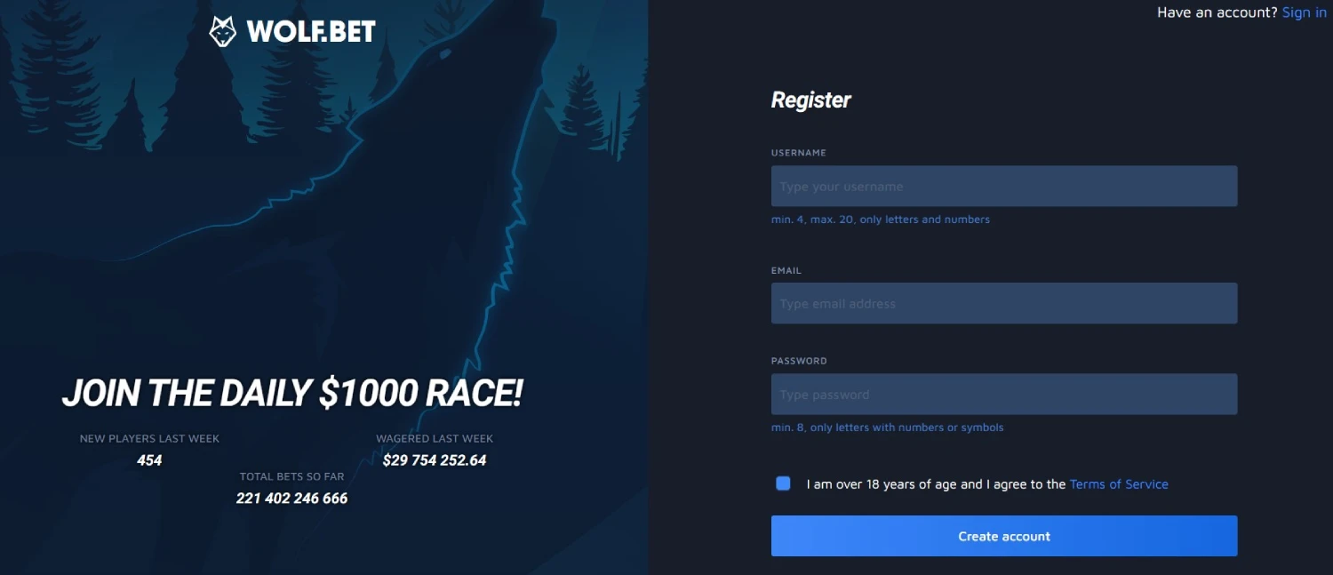 wolf.bet registration form