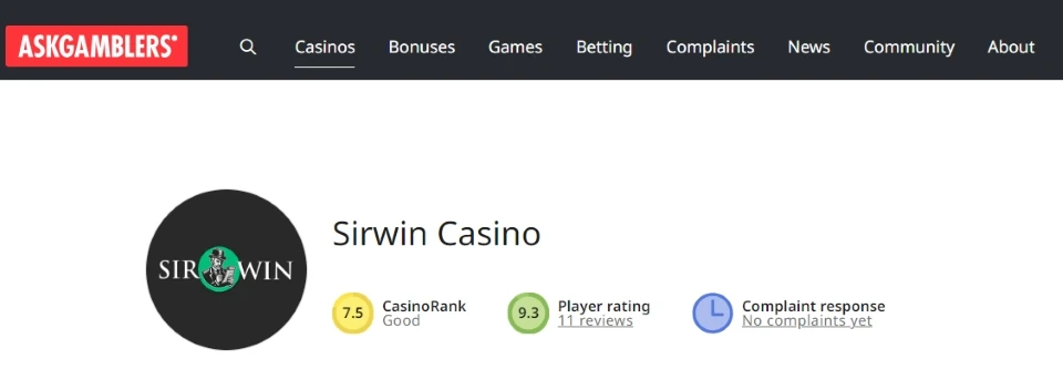 askgamblers rating sirwin casino
