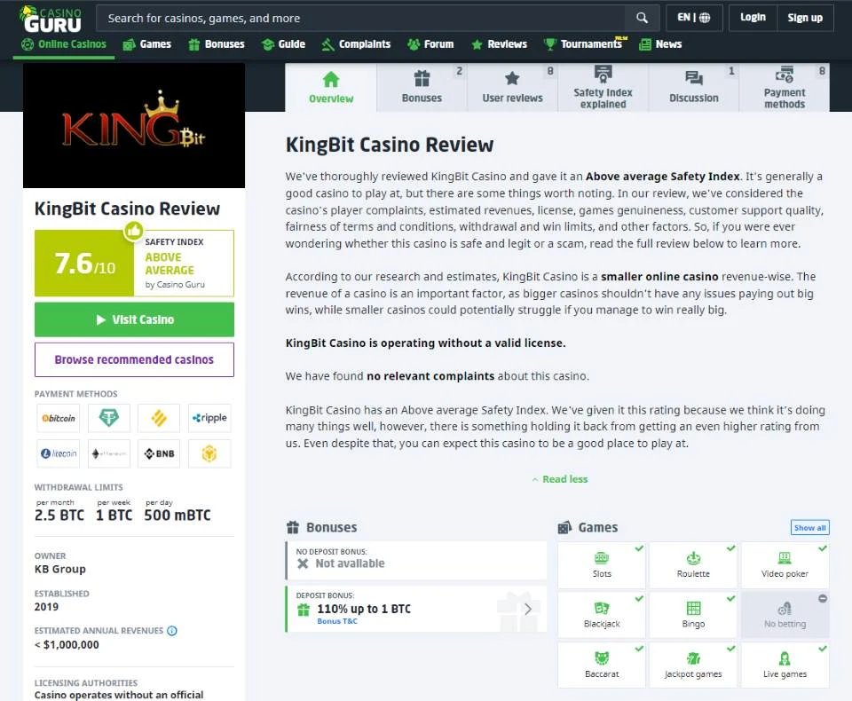 kingbit casino rating on casino guru