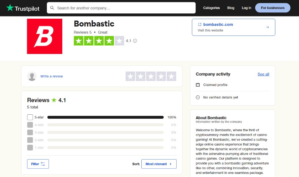trustpilot rating bombastic casino