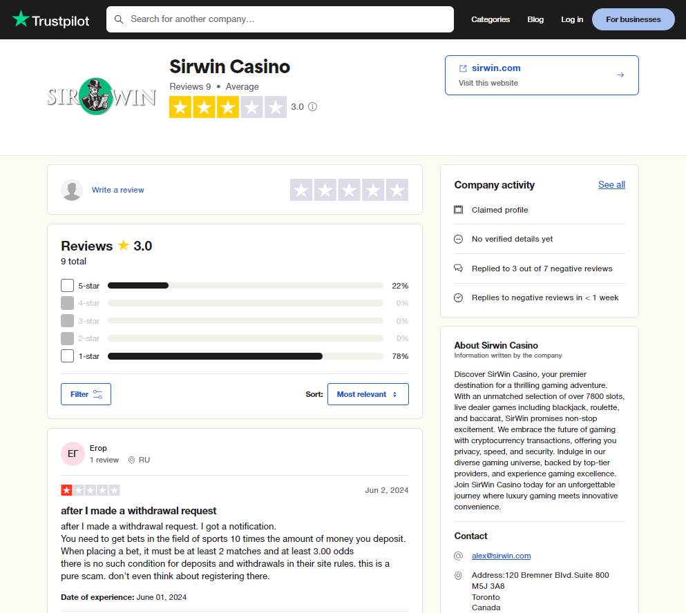 trustpilot rating sirwin casino