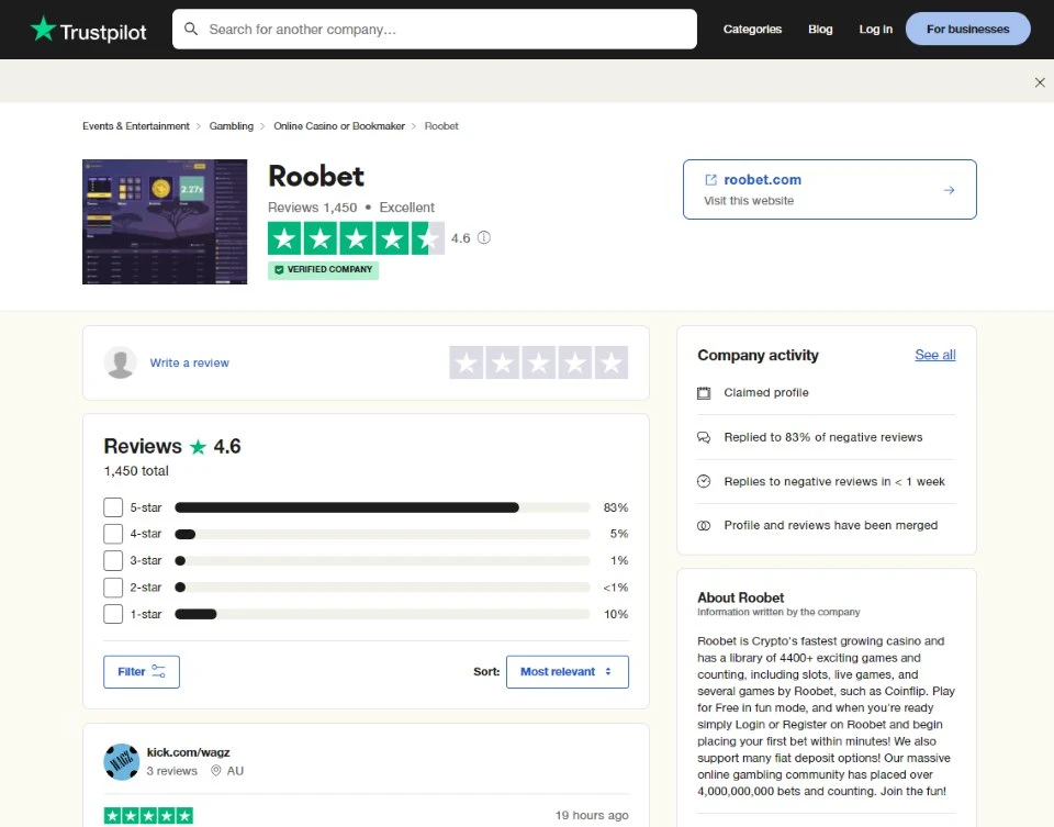 roobet review by trustpilot