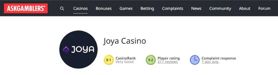 Joya casino rating on AskGamblers