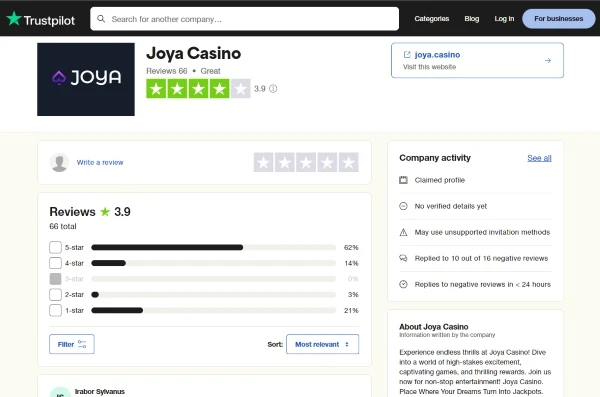 Joya casino rating on trustpilot