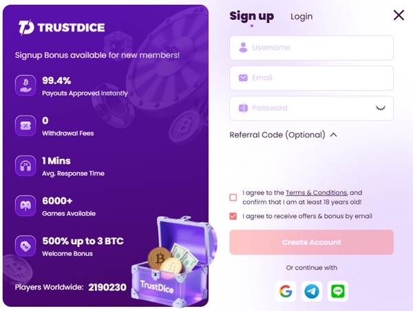 TrustDice Casino Registration