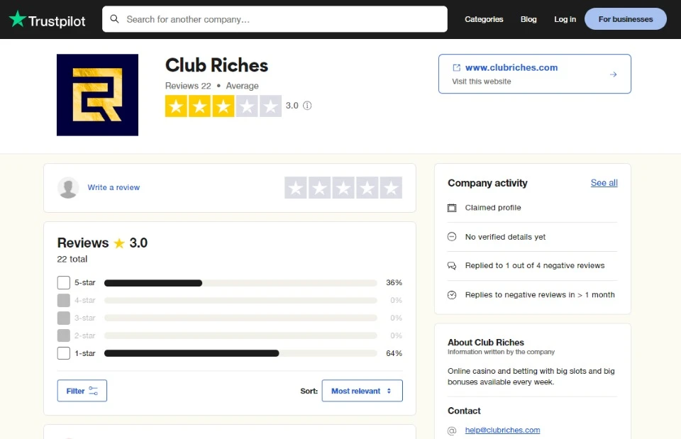 club riches rating on trustpilot