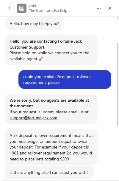 live chat test at Fortune Jack