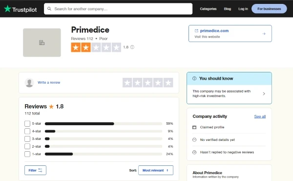 primedice rating on trustpilot