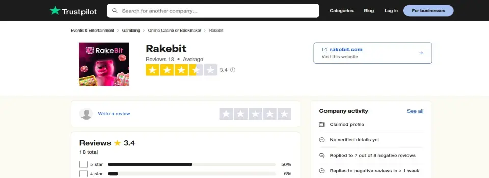 RakeBit Casino Trustpilot Rating