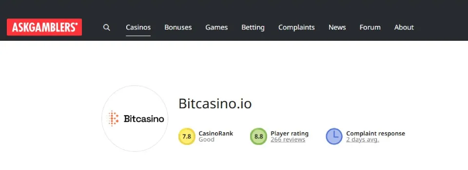 Bitcasino.io AskGamblers Rating