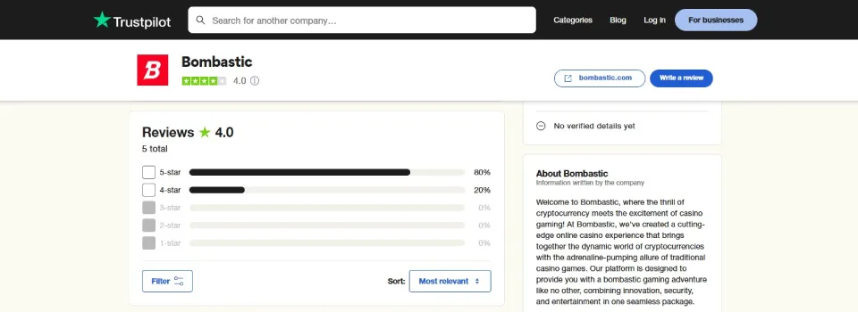 Bombastic Casino Trustpilot Ranking