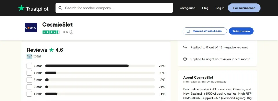 Cosmicslot Casino Trustpilot Rating