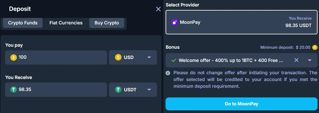 Casinobet buy crypto via Moonpay