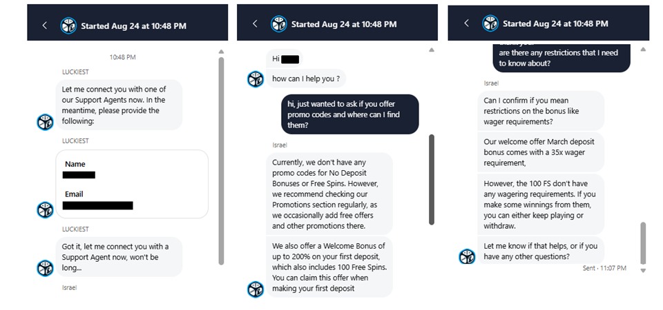 Luckiest live chat support test